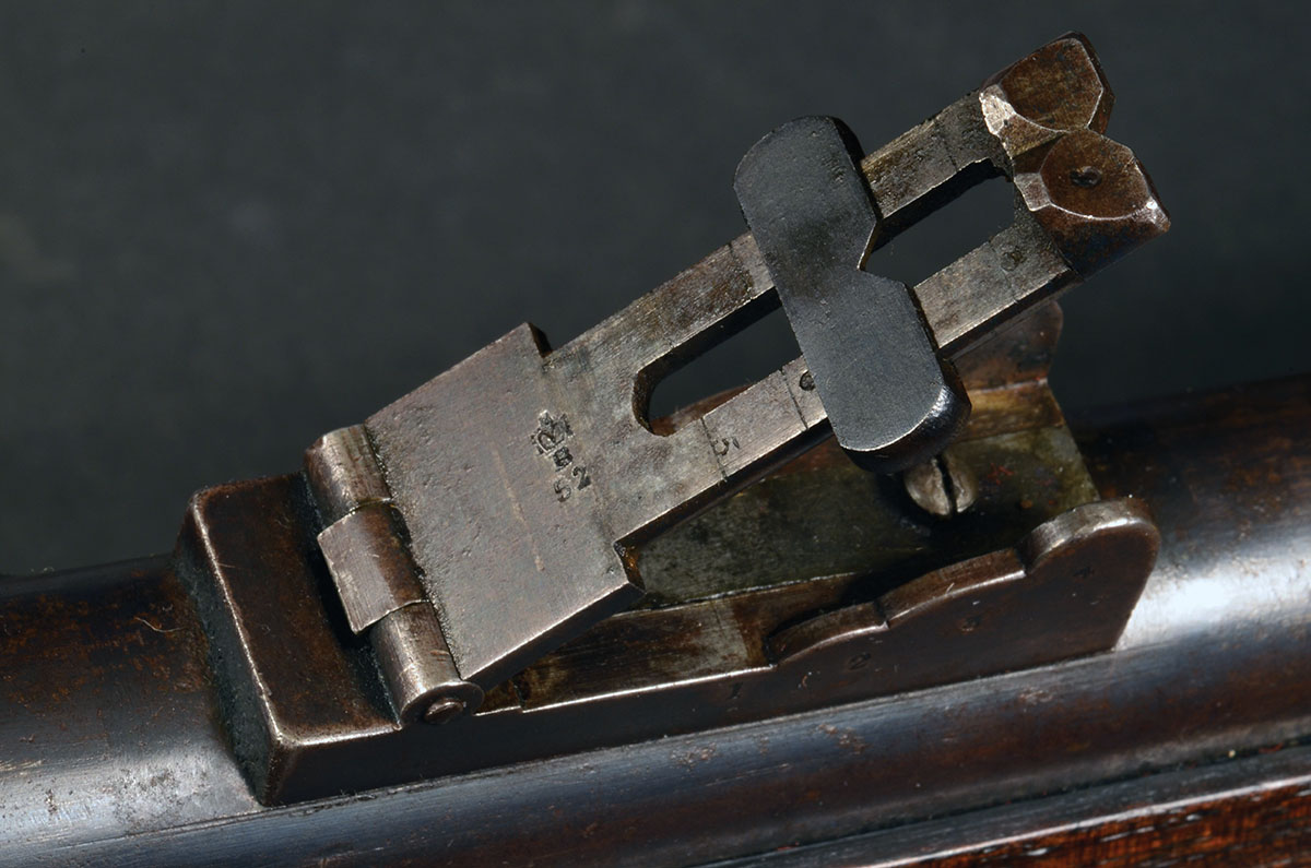 The Snider rear sight on a standard rifle, graduated to 800 yards. Some conversions were fitted with new sights to accommodate their longer-range accuracy.